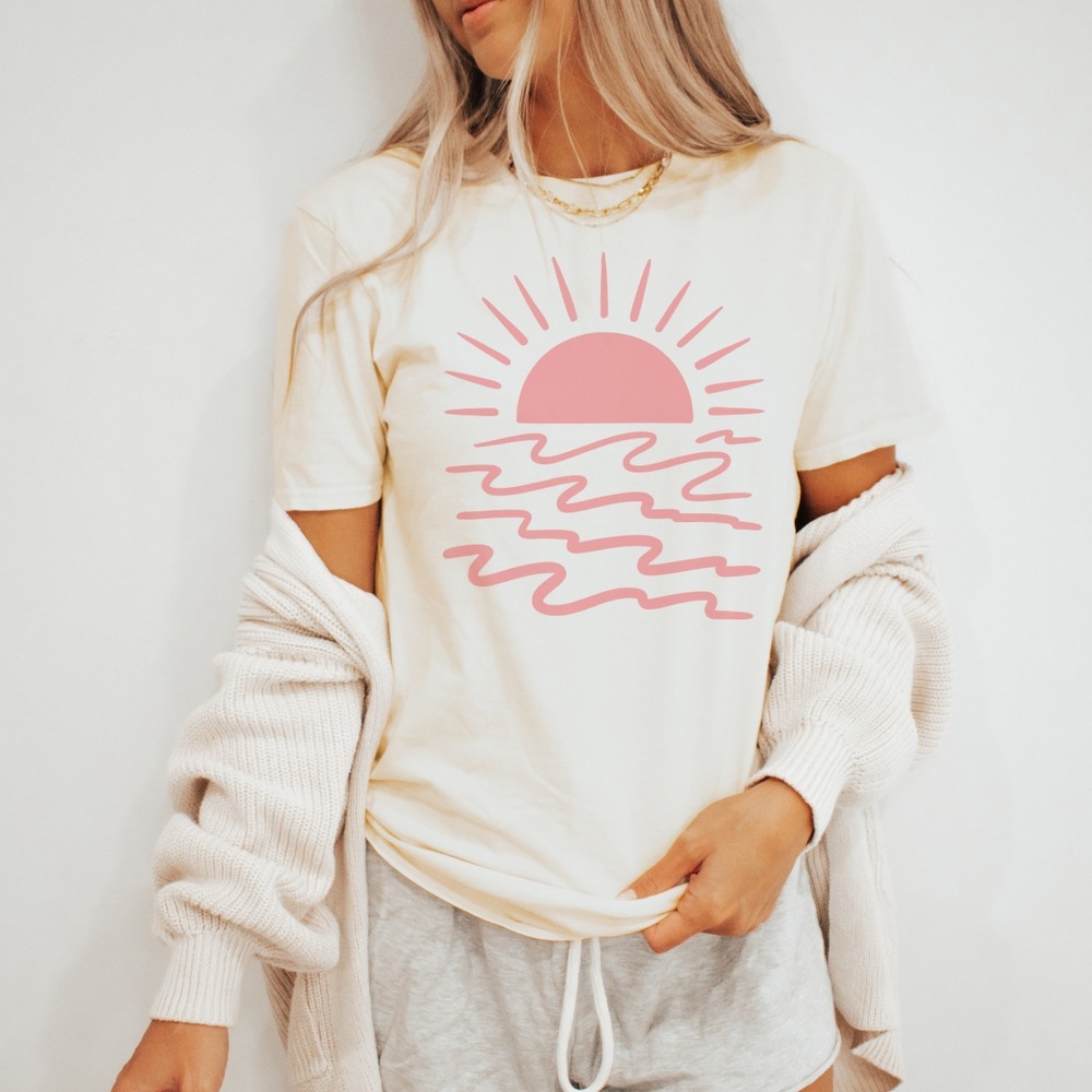 Minimalist Sun and Waves Graphic Tee Coral Retro Design